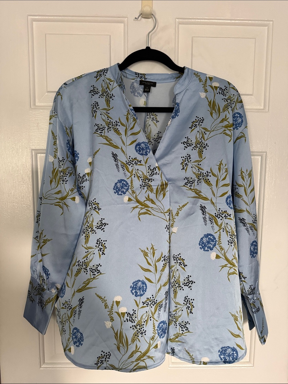 Ann Taylor Factory Light Blue Floral Wrap-Style Blouse
